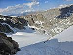 Looking down the Gooseneck couloir. Tarns camp is either side of the green tarn at the bottom of the climb.